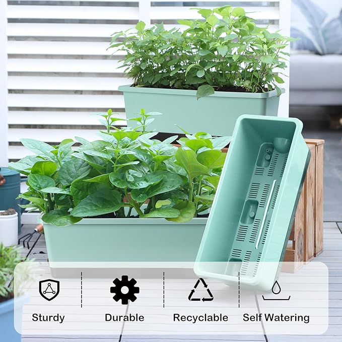 Window Box Planter 8 Pcs, 17 Inches Rectangle Flower Pots with Drainage Holes & Trays, Vegetable Planters for Windowsill Patio Garden Balcony Home Indoor Outdoor (Green, 16 * 7 * 6 inch)