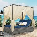 Patio Chaise Lounge, Gray PE Rattan Outdoor Patio Wicker Sunbed Daybed with Adjustable Seats, Four-sided Canopy, Overhead Curtain and Blue Cushions for Backyard, Garden, Poolside (for 2-6 people)