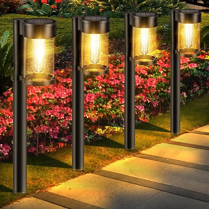 Mancra Solar Pathway Lights Outdoor, 10 Pack Metal & Glass Solar Lights Outdoor Waterproof Landscape Path Lights for Yard Walkway Garden Decor, Warm White