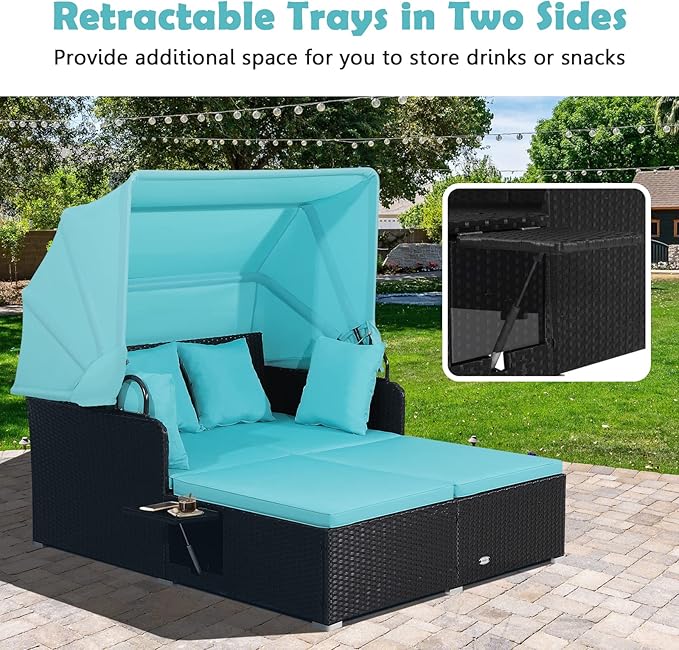 Tangkula Patio Rattan Daybed with Retractable Canopy, Patiojoy Wicker Sun Lounger with 2 Foldable Side Panels, Thick Seat & Back Cushions, for Garden, Backyard, Porch (Turquoise)