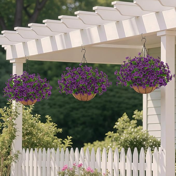 Artificial Faux Hanging Plants Flowers Basket for Outdoors Spring Summer Decoration, Hanging Planters with Fake Silk Flowers UV Resistant Realistic for Outside Porch Patio Balcony Garden Home （Purple）