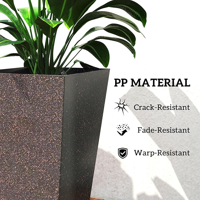 Outsunny 28 Inch Tall Planters for Outdoor Plants, Set of 3 Plastic Flower Pots with Marble Finish and Drainage Holes, Stackable Tapered Large Planters for Indoor Plants, Front Porch Decor, Brown