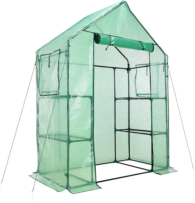 Aoodor Walk-in Greenhouse with 4 Shelves, 4.7×2.5×6.4 ft Outdoor Garden Plant House with PE Cover for Growing Vegetables, Flowers, Herbs