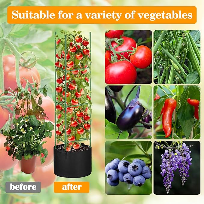 4 Pack Tomato Cages with 11 Gallon Grow Bags for Garden 55inch Tomato Planter with Trellis Heavy Duty Plant Stakes Support Frames for Climbing Vegetables Flowers Fruits Flowers