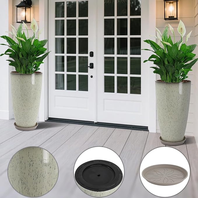 Set of 2 Lightweight Ceramic-Look Tall Planter, 21 inch Large Plastic Planter with Drain Hole & Saucers, Large Outdoor Planters for Porch, Garden, Patio, Balcony(Glaze Beige)