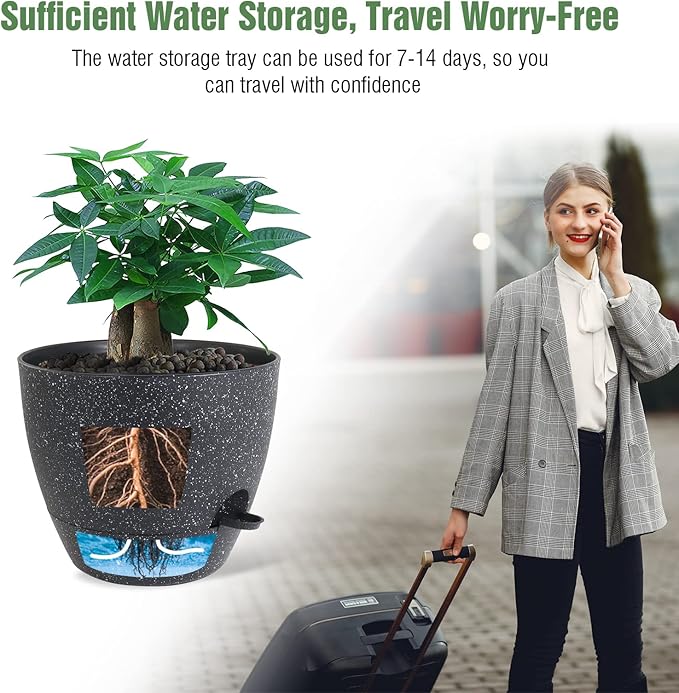 12inch 2Pack Large Self Watering Planters, Plastic Plant Pots with 60oZ Removable Deep Reservoir and Multi Mesh Drainage Holes for Indoor Outdoor Garden Plants and Flowers, Black Speckles