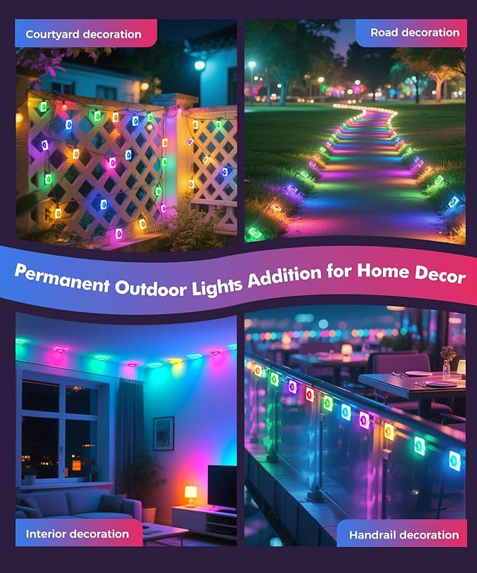 POOFZY Permanent Outdoor Lights for House,200ft RGB+IC Smart Outdoor Decor, 50 Scene Modes,App/Remote Control,for Christmas,Super Bowl,V-Day,Thanksgiving,Daily & Holiday Party Decor