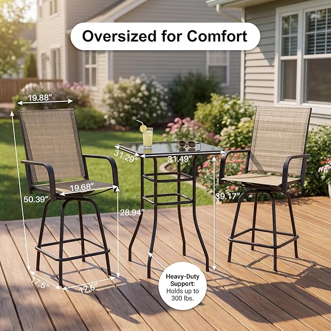 Homall 3 Piece Outdoor Patio Swivel Bar Stools Set, High Top Table with 2 Textilene Fabric Chairs, Counter Height Bistro Furniture for Balcony, Backyard, Poolside, Brown
