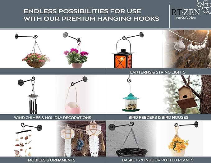 RTZEN Plant Hangers Indoor or Outdoor - Wrought Iron Metal Hanger Indoor Hook - Heavy Duty Wall Bracket Hooks for Hanging Plants Baskets Lanterns Wind Chimes - 2 Pack (Black Swirl Hooks)