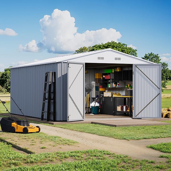 Greesum 10×14 FT Outdoor Storage Shed, Metal Storaged Sheds Without Floor, Tool Sheds with Lockable Doors and Sloping Roof for Garden, Patio, Gray