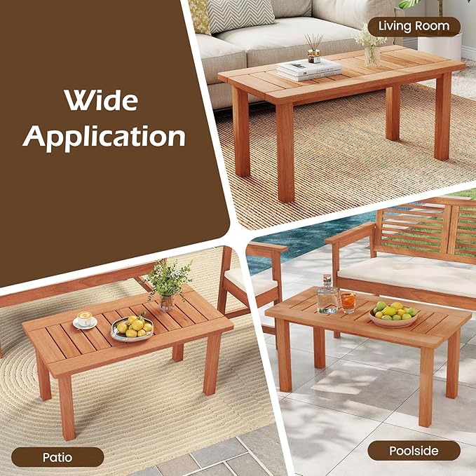 Tangkula Outdoor Coffee Table, 35.5” Patio Table with Slatted Tabletop, Rectangular Wooden Center Table Indoor Outdoor for Balcony, Poolside, Garden, Living Room, Natural