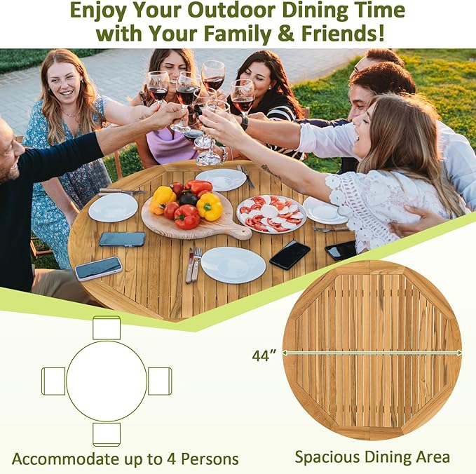 Tangkula 44" Round Outdoor Dining Table for 4, Acacia Wood 4-Person Large Patio Dining Table, Farmhouse Indoor Outdoor Dining Furniture for Deck, Garden, Poolside & Backyard