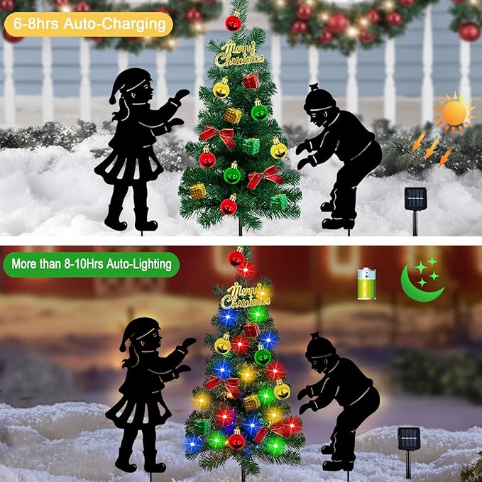 Solar Outdoor Christmas Tree,3 Pack Christmas Outdoor Decorations with Boy and Girl Garden Stakes,Color Changing LED Lights,Waterproof Xmas for Yard,Lawn,Pathway