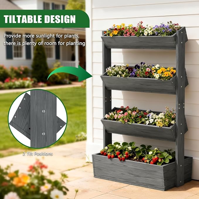 Wooden Vertical Raised Garden Bed, 4 Tier Garden Planters Raised Beds Freestanding Plant Stand Flower Rack Wooden Planter Box for Plants Herbs Flowers Vegetables Outdoor Indoor Gardening