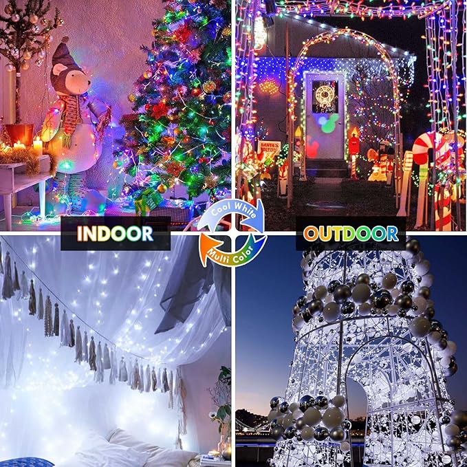 Cool White to Multicolor Color Changing 200 LED 66FT Connectable Christmas String Lights for Outdoor Indoor, 11 Modes Christmas Tree Clear Wire Fairy Waterproof Lights with Memory & Remote & Timer