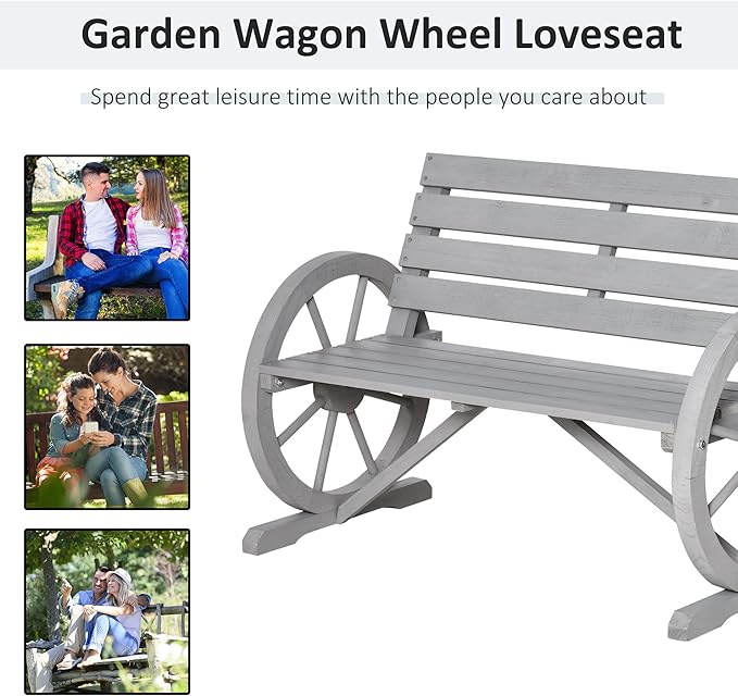 Outsunny 41" Wooden Wagon Wheel Bench, Rustic Outdoor Patio Weather Resistance Furniture, 2-Person Slatted Seat Bench with Backrest, Light Gray