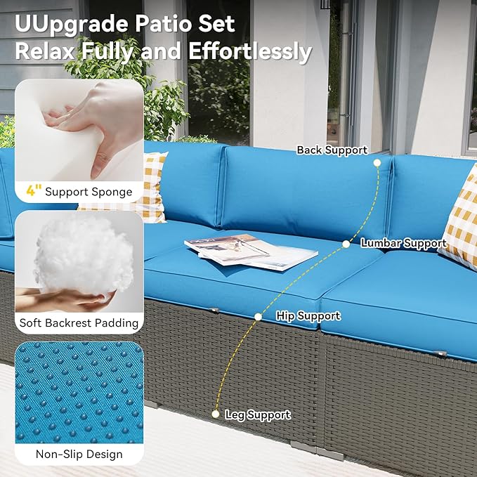 Aoxun Patio Furniture Set with Fire Pit Table, 8 Piece Outdoor Sectional Sofas, Wicker Rattan Outdoor Furniture with Thickened Cushion for Backyard, Garden Peacock Blue
