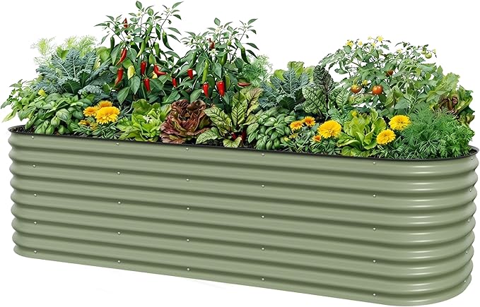 Vego garden 26" Extra Tall Raised Garden Bed Kits, 10 in 1 Modular Raised Planter Box for Vegetables Flowers Fruits Oval Metal Raised Garden-Olive Green