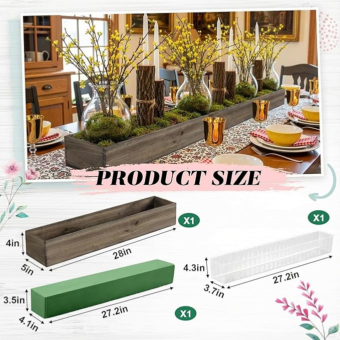 Dandat 1 Set Wood Boxes for Centerpieces 28 x 5 Inch Rectangle Wooden Planter Box Rustic Wooden Planters with Removable Plastic Liner Floral Foam Blocks for Christmas Wedding Home Garden Decor(Brown)