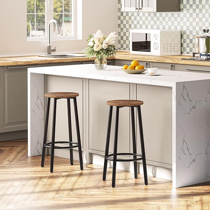 HOOBRO Bar Stools, Set of 4 Bar Chairs, Kitchen Round Height Stools with Footrest, Breakfast Bar Stools, Sturdy Steel Frame, for Dining Room, Kitchen, Party, Easy Assembly, Rustic Brown BF03BYP401N1