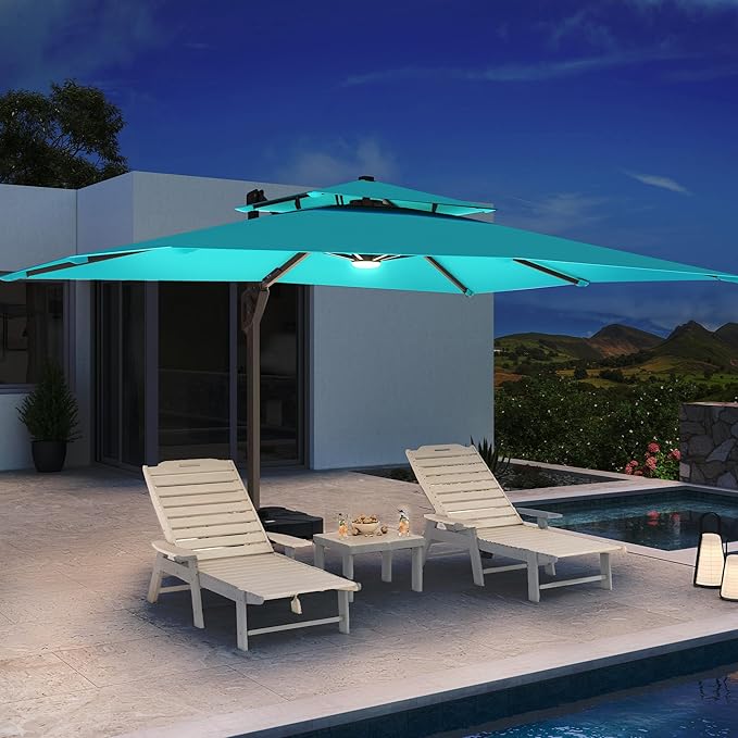 10 X 13 FT Cantilever Patio Umbrella with Led Lights and Base Included Outdoor Heavy Duty Double Top Rectangle Offset Umbrellas with 360-degree Rotation for Pool Deck Backyard, Turquoise