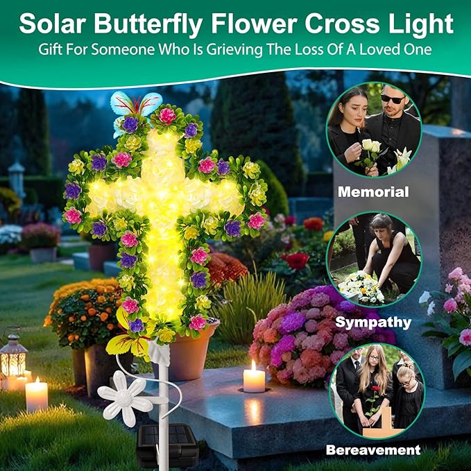 YJFWAL Solar Flower Cross for Cemetery Grave, Grave Decorations for Cemetery Solar Crosses, Sympathy Memorial Gifts, for Garden Lawn Yard Patio Decor