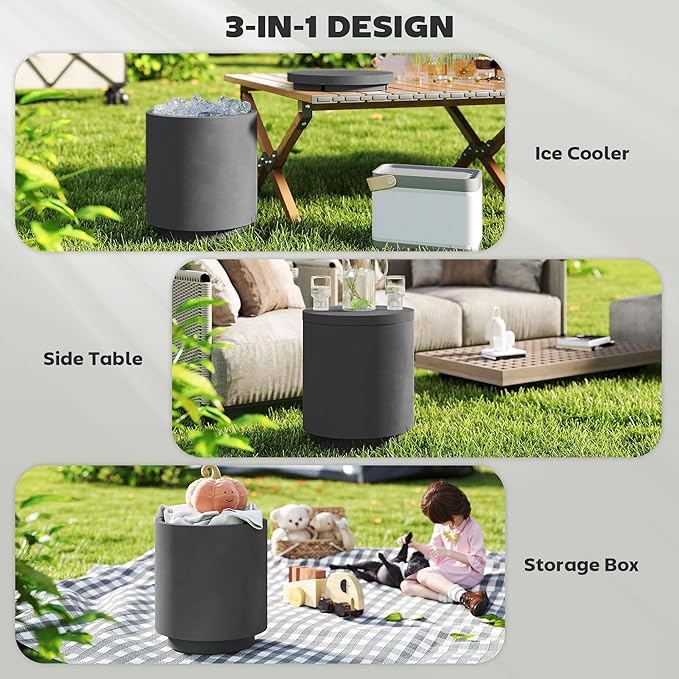 HOMCOM 2.6 Gal Outdoor Cooler Side Table, 3-in-1 Cool Coffee Table with Storage, Removable Ice Bucket and Lid, Concrete Small Patio Table for Party, Poolside, Deck, Charcoal Gray