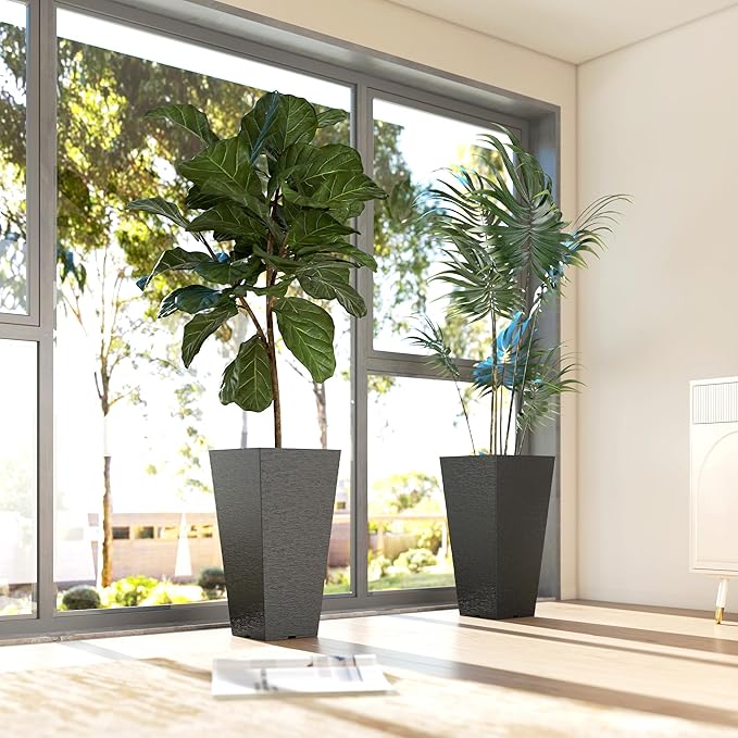 Outsunny 23 Inch Tall Planters for Outdoor Plants, Set of 2 Plastic Flower Pots, Weather and UV Resistant Stackable Tapered Large Planters for Front Door Patio Garden Use, Black