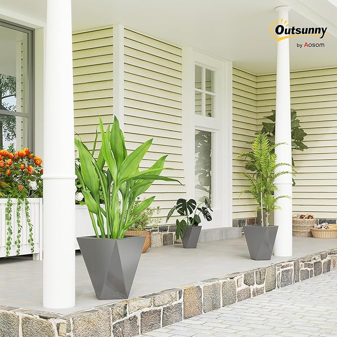 Outsunny Set of 3 Tall Planters, 18", 15.25", 11.75", MgO Indoor Outdoor Planters with Drainage Holes, Stackable Flower Pots for Garden, Patio, Balcony, Front Door, Gray