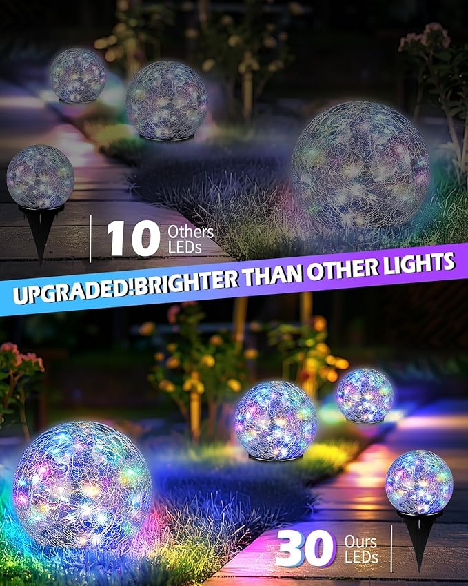 Coroor Garden Solar Ball Lights Outdoor Waterproof, 30 LED Cracked Glass Globe Solar Power Ground Lights for Path Yard Patio Lawn, Christmas Decoration Landscape Colorful (2 Pack 3.9'')