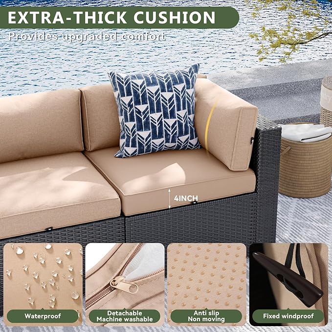 Aoxun 8 Piece Patio Furniture Set with 44” Fire Pit Table Wicker Rattan Patio Sectional Sofa Set Outdoor Seating Furniture with Thickened Cushion, Beige