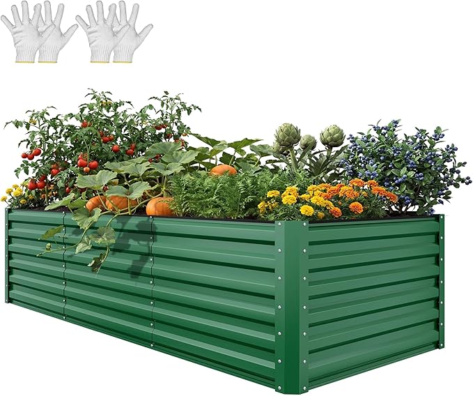 YITAHOME 8x4x2ft Large Raised Garden Bed Kit, Galvanized Metal Planter Box with Gloves, Ground Nails, Support Rod & Safety Rubber, Outdoor Above Ground Planters for Plants Vegetables Flowers, Green