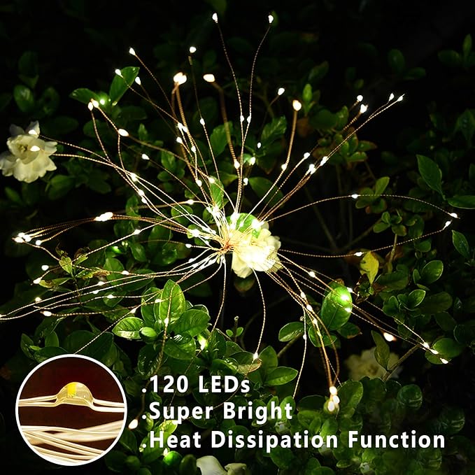 4 PCS Solar Firework Light, Outdoor Solar Garden Decorative Lights 120 LED Powered 40 Copper Wires String DIY Landscape Light for Walkway Pathway Backyard Christmas Decoration Parties (Warm White)