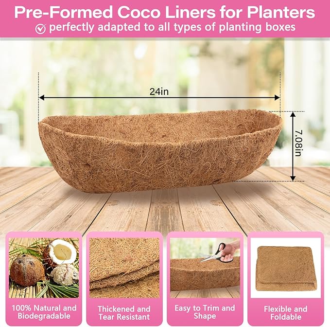 Legigo 4 Pack 24 Inch Natural Trough Coco Liner for Planters- Window Box Liners Coconut Basket Liners, Planter Box Coconut Liner for Window Flower Box Pots, Fence Trough Planter, Wall Planter Basket