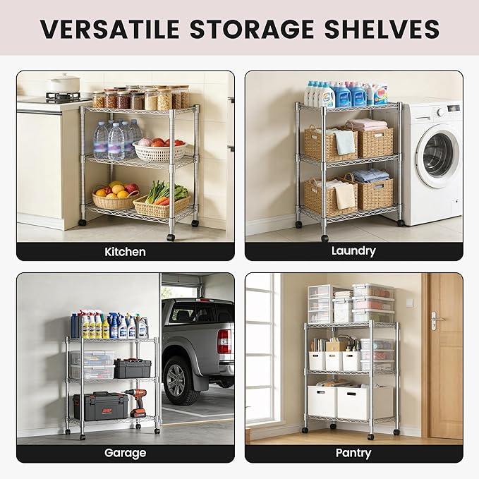 Xcity Storage Shelves, 3 Tier Heavy Duty Metal Shelving Unit with Wheels, 1050 LBS Capacity Adjustable Steel Wire Shelf Organizer for Pantry, Kitchen, Garage, 14" D x 24" W x 30" H, Chrome
