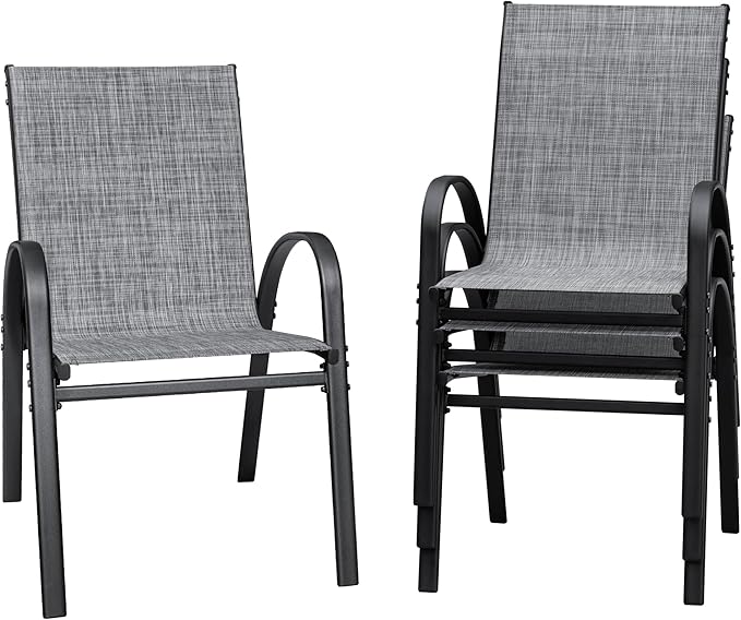 Flamaker Patio Chairs Stackable Dining Chairs Set of 4 Metal and Teslin Outdoor Chairs for Lawn Deck Balcony Porch (Grey)