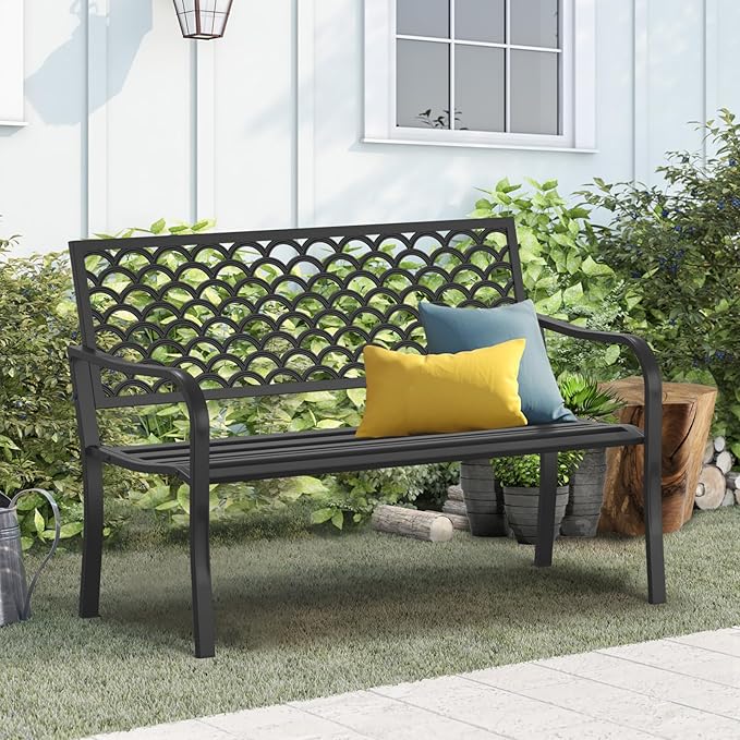 On Shine Outdoor Garden Bench Cast Iron Steel Outdoor Bench Clearance Weatherproof Metal Park Bench for Porch, Yard, Lawn, Deck (Scale)