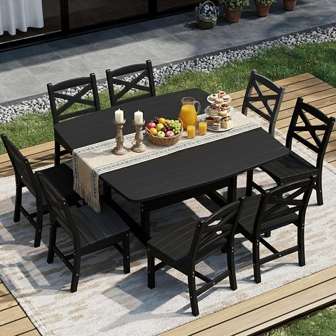 Outdoor Dining Set, HDPE 9-Piece Patio Table and Chairs Set, All-Weather Outdoor Dining Table Set for 8 with Umbrella Hole, Durable Patio Furniture Set with Chairs,Black