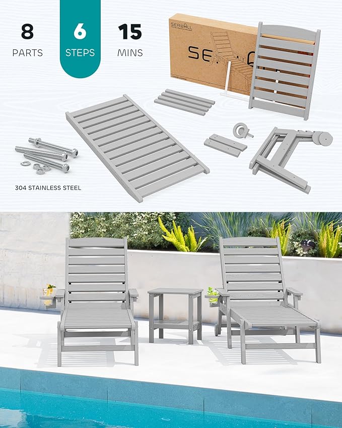 SERWALL Patio Chaise Lounge Chair, 78'' Long HDPE 5 Positions Adjustable Outdoor Lounger, Poly Lounge Chair with Rolling Wheels & Cup Holder for Pool, Space Gray