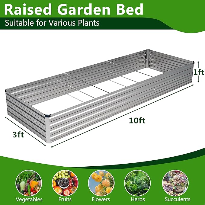 2PCS 10x3x1ft Galvanized Raised Garden Bed Kit,Metal Planter Box for Vegetables,Flowers,Herbs Durable Rust-Resistant Patio Gardening Beds,Silver