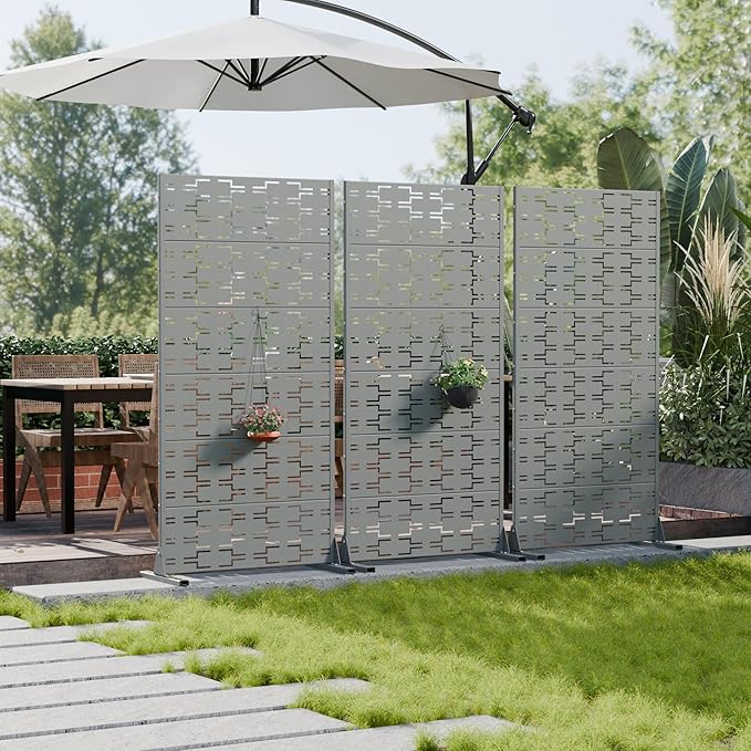 Casaphoria Metal Privacy Screen Outdoor, 72" H x 35" W Freestanding Decorative Privacy Screen for Patio Deck Balcony Garden with Stable Base, Grey-Brick