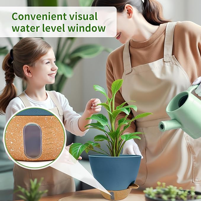 12/10/9/8 inch Self Watering Pots with Visual Water Window, Extra Large Self Watering Plant Pot with Drainage Holes and Saucers, Blue Flower Pots for Indoor Plants