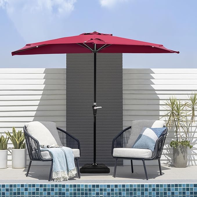 OLIXIS Half 9Ft Umbrella Outdoor Patio, Scalloped Patio Umbrella with Easy Crank, Sun Half Patio Umbrella for Balcony, Market, Garden, Red