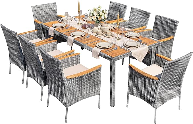 Greesum 9 Pieces Outdoor Patio Dining Set, Conversation Sets with 1 Table and 8 Rattan Chairs with Curved Acacia Wooden Armrests and Cushions, Grey