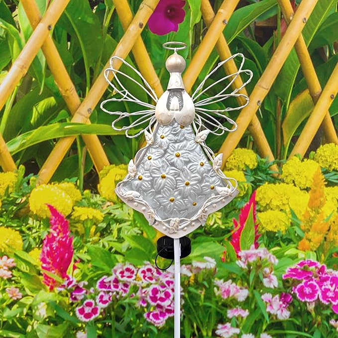 38Inch Angel Solar Lights Outdoor Decorative-Metal&Glass Angel Hydrangea Flower Garden Stake Lawn Light- Waterproof 30 Warm White LED for Remembrance Gifts & Grave Decorations (White)