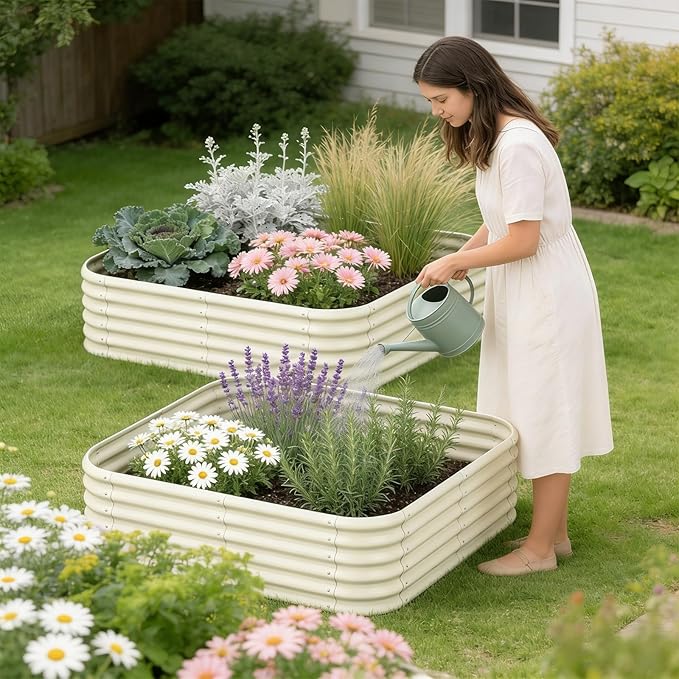 2-Pack 4x1.5ft Galvanized Raised Garden Bed, Outdoor Planter Bed, Metal Planter Box for Gardening and Planting,Milk White
