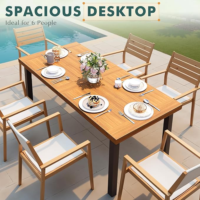 Flamaker Dining Table for 6 Acacia Wood Indoor Outdoor Home Kitchen Table with Iron Legs Large Rectangular Patio Table for Deck, Sunroom