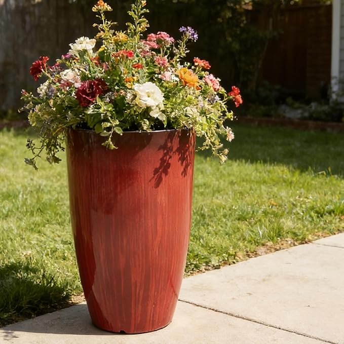 Worth Garden 23.5" H. Large Plastic Planters - Set of 2 Gradient Red Glossy Smooth Finish - Tall Plant Pots for Indoor & Outdoor Use - Decorative Lightweight Flower Pots for Front Porch, Patio, Deck
