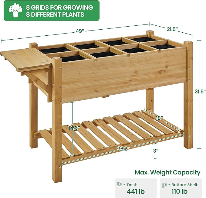 Yaheetech 49x22x32in 8 Pockets Horticulture Raised Garden Bed Elevated Wood Planter Box Stand with Foldable Side Table and Storage Shelf for Herb/Vegetables/Flowers, Light Brown