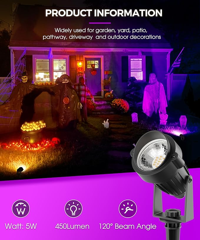 L LOHAS LED Tree Spotlight Outdoor, Purple Halloween Spot Lights for Yard, Auto On/Off 5W 120V Landscape Lighting for House, Holiday, Garden, Decoration, 450LM IP66 Waterproof, UL Listed, 2 Pack